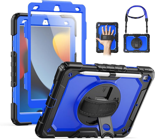 Case Ipad 9Th Generation Kids Ipad 10.2 Case 2021, Full-Body Shock Protective Ipad 7/8/9 Case with Screen Protector Rotating Hand Strap Stand for Ipad 10.2-Inch 9Th/8Th/7Th Gen, Black/Blue